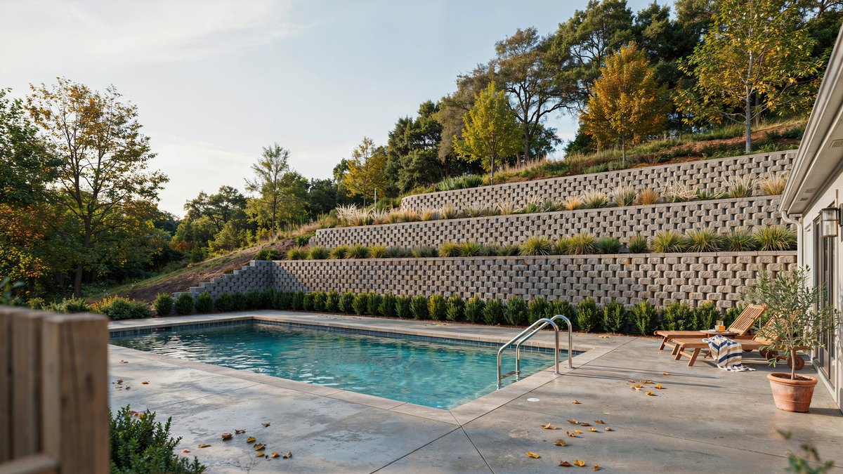 Rectangular pool below tiered block retaining walls climbing a wooded hillside with concrete patio