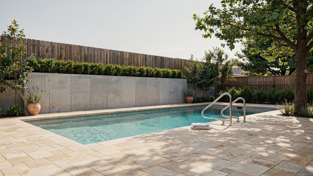 Long lap pool beside a smooth concrete wall topped with a clipped green hedge