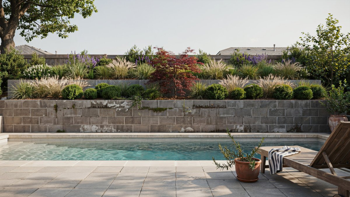 Rustic block wall with tiered grasses and a red shrub rising above the pool