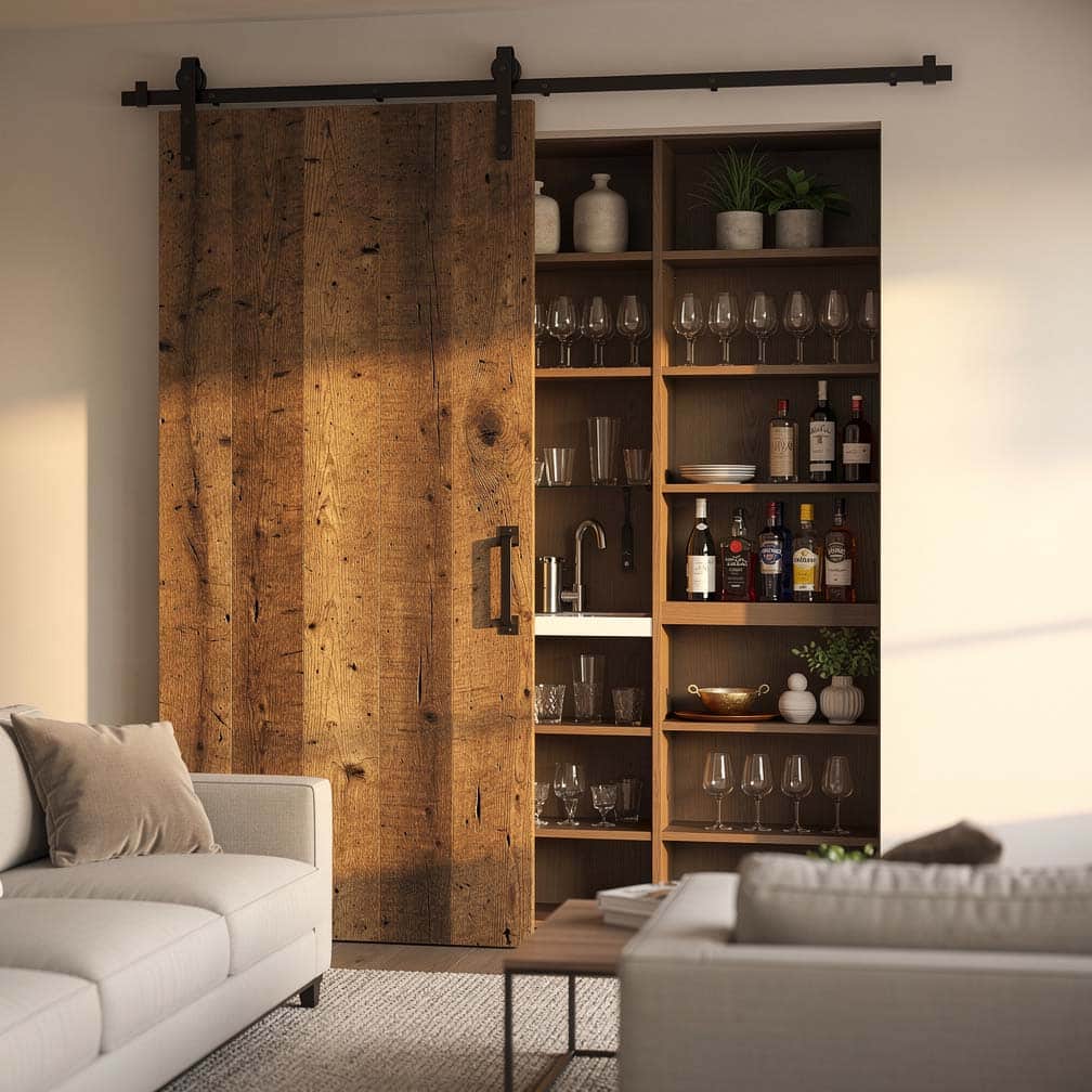 Rustic wood barn door covering a recessed home bar area in a living room, doubling as a wall accent piece