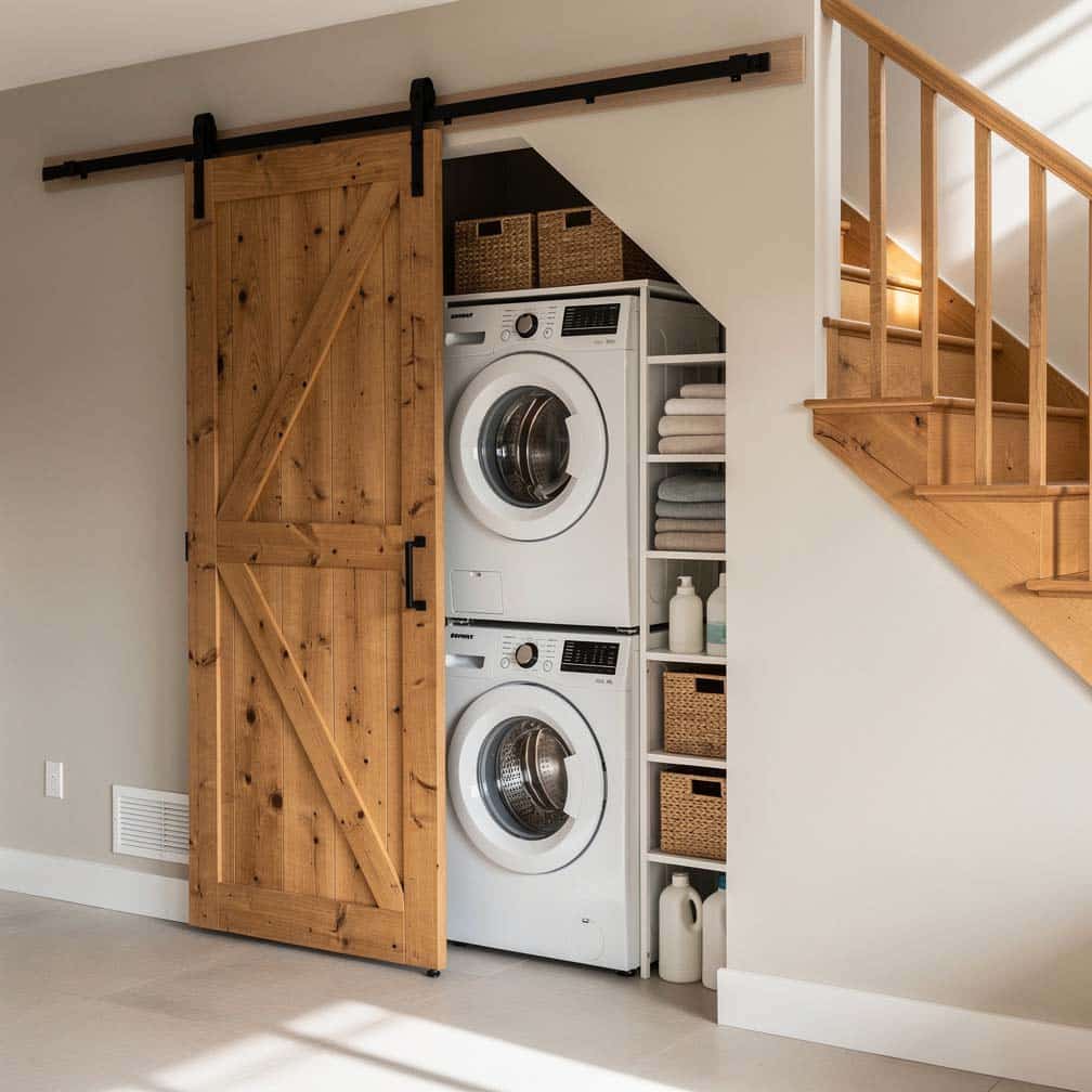 One large sliding panel ingeniously concealing a compact laundry area tucked under the stairs