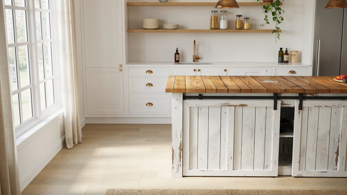 Sliding whitewashed barn doors on an island topped with thick butcher block