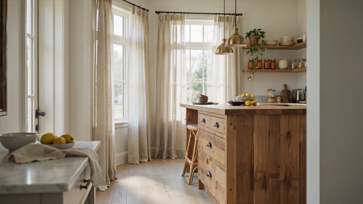 Refined barn wood island with drawer pulls and a warm plank counter