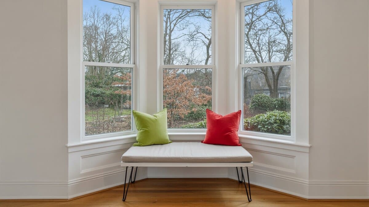 Bay window bench with hairpin legs, white cushion and green and red pillows