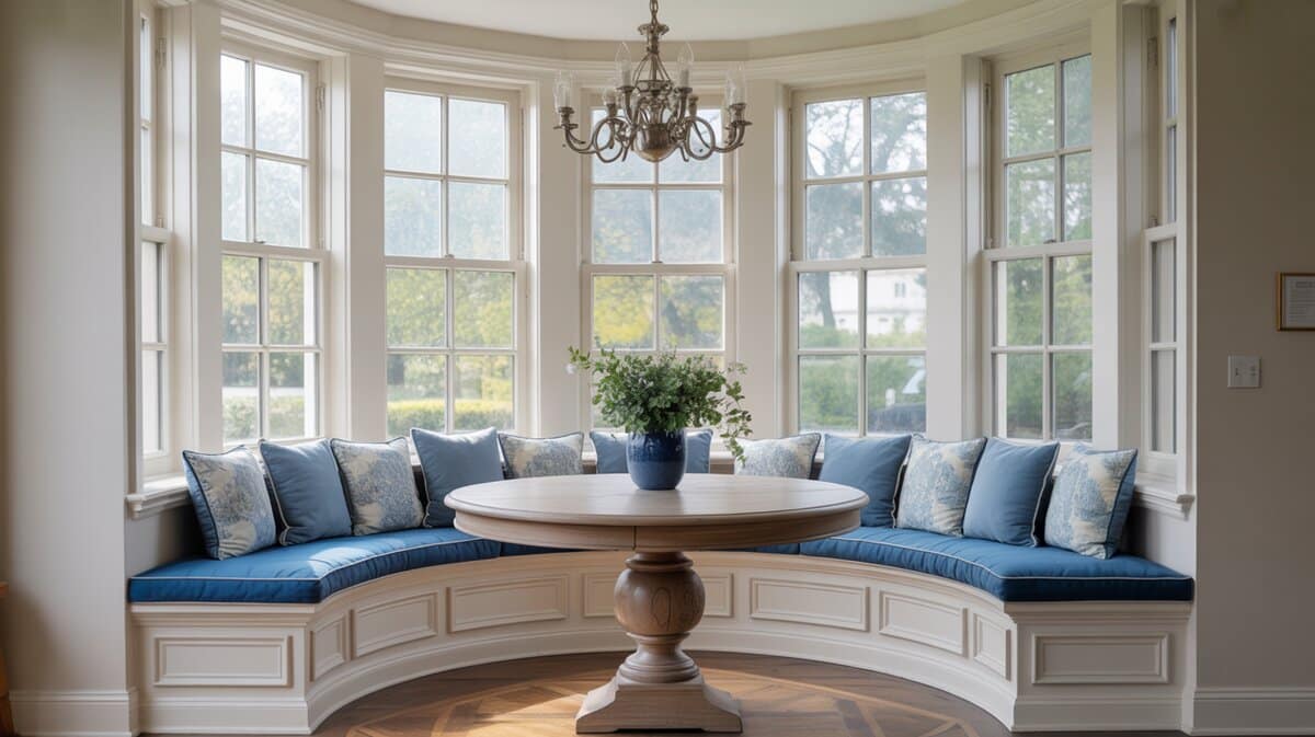 Bay window breakfast nook with curved bench, blue cushions and chandelier