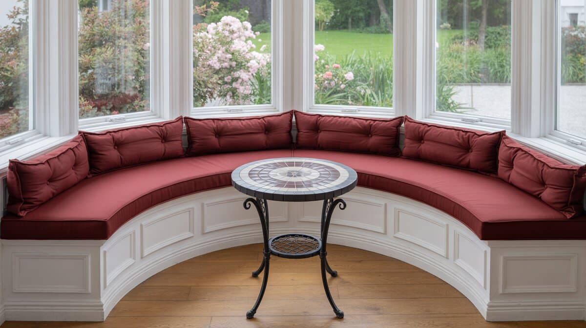 Bay window nook with curved bench and red tufted cushions overlooking garden