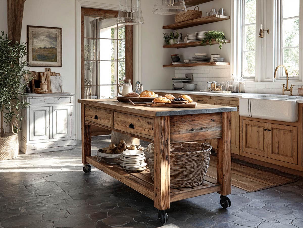 Kitchen with rustic wooden cart for an island