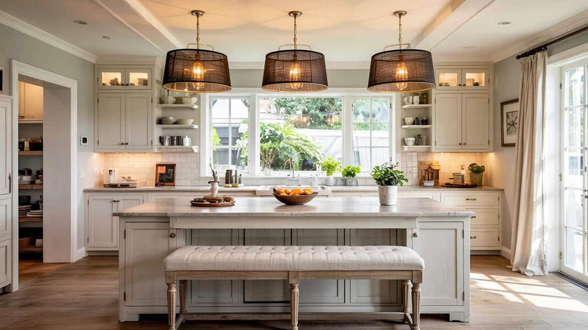 modern farmhouse style kitchen with whitewashed island and padded bench seating
