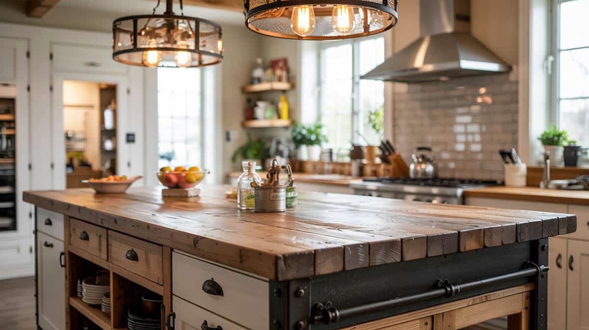 Island with rustic industrial design and black metal piping and weathered wood finish