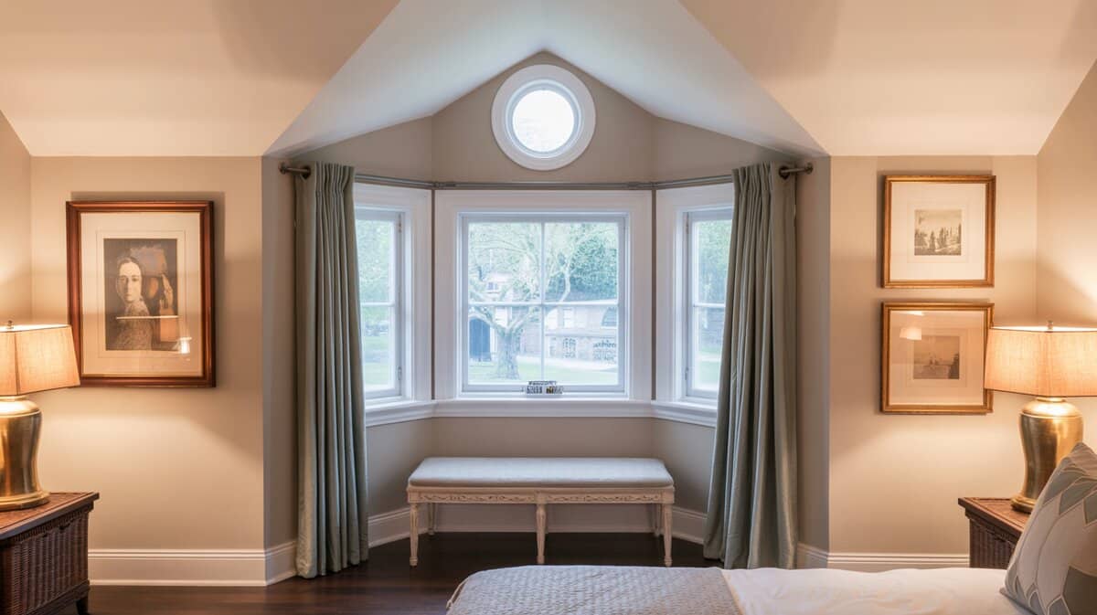 Bedroom bay window seat with gray curtains and circular window above