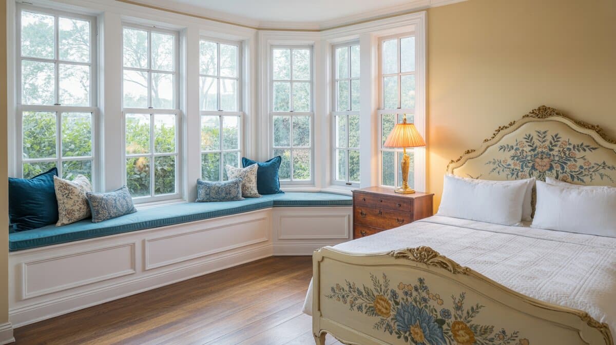 Bedroom white window seat with blue pillows and garden view beside vintage headboard