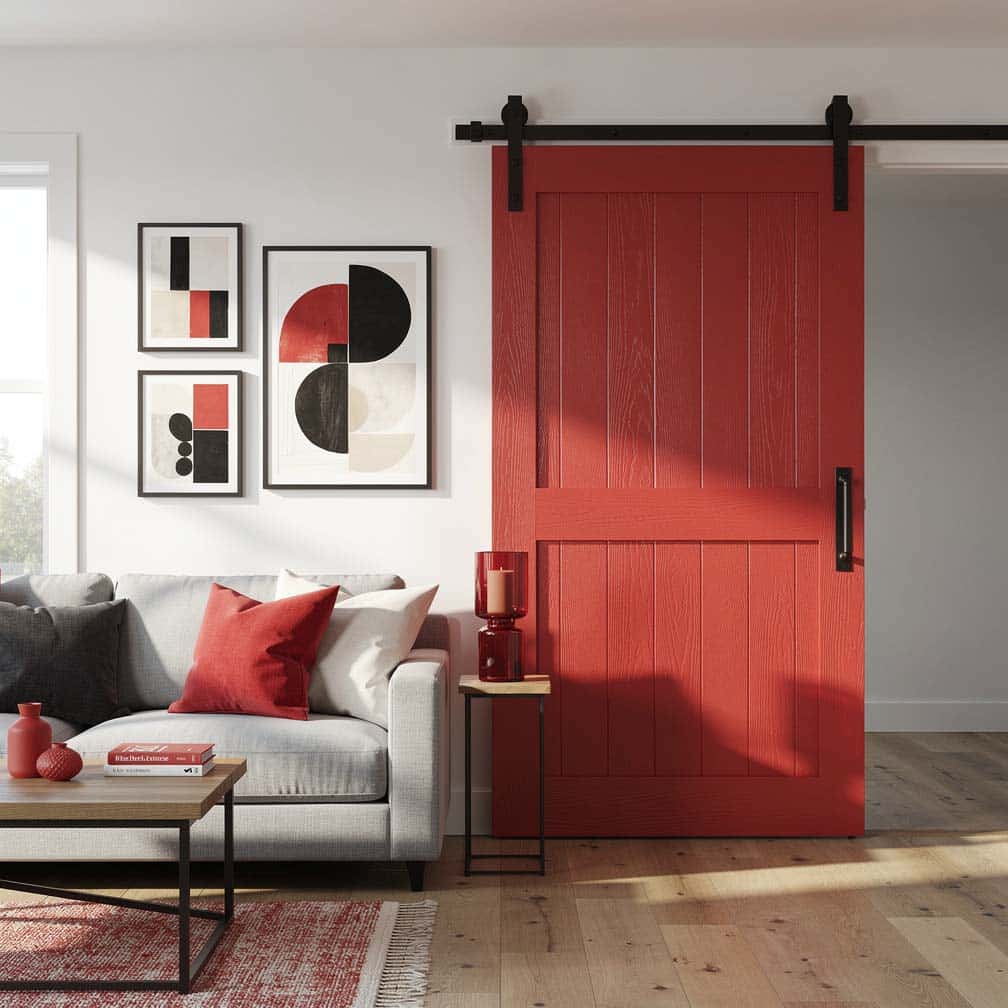 Bold red sliding door with black hardware as a pop of color in a living room, echoed in cushions and accessories
