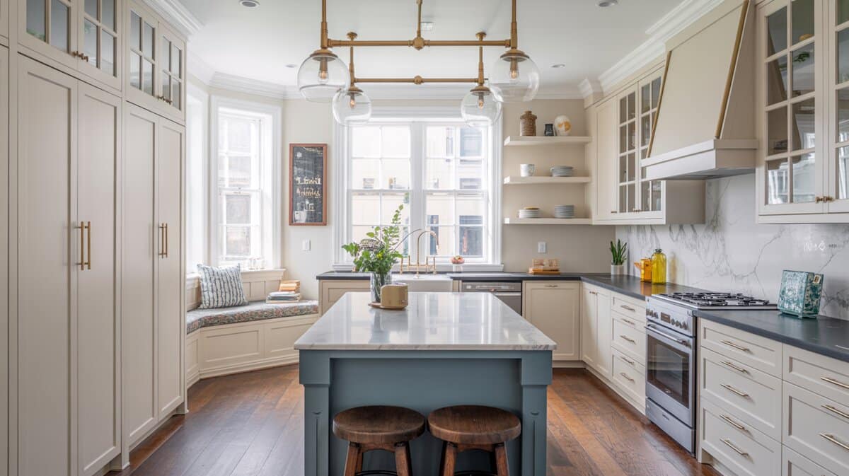 Bright kitchen with blue island, marble counters, window seat and globe pendants