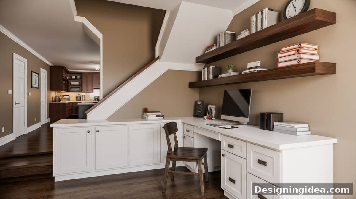 Bright white lower shaker cabinets and floating walnut shelves create an under-stair workspace with a monitor on dark hardwood.