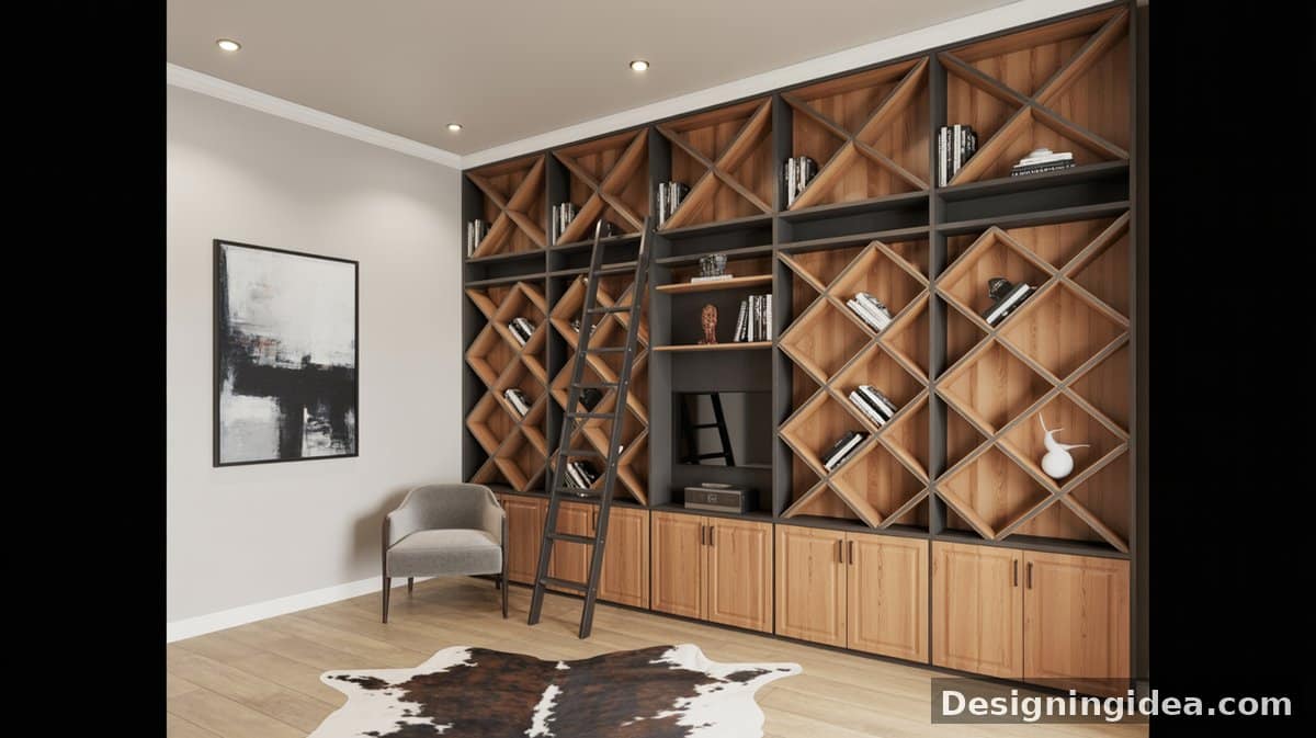 Charcoal black shelving with diamond-grid inserts and a library ladder sits above a reclaimed wood desk and a cowhide rug.