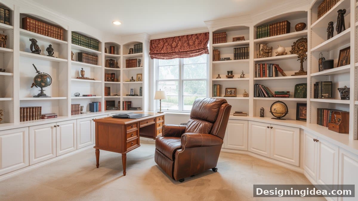 Charcoal gray flat-panel cabinets with a white desk surface and city view window, a black task chair, and beige carpet flooring.