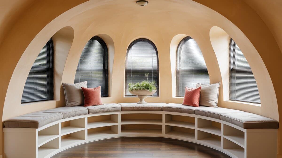 Circular round window seat with white cubby storage and arched windows