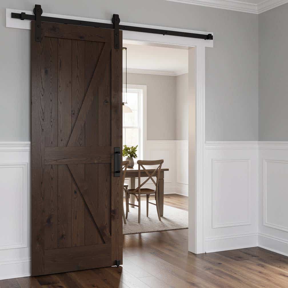 Classic dark wood barn door on a black rail with white wainscoting panels and light gray walls