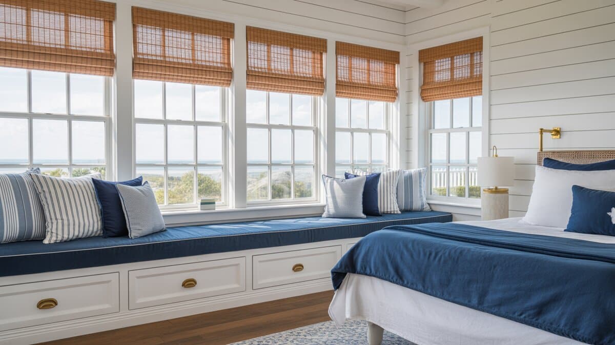 Coastal bedroom built-in window seat platform with navy bedding and storage drawers