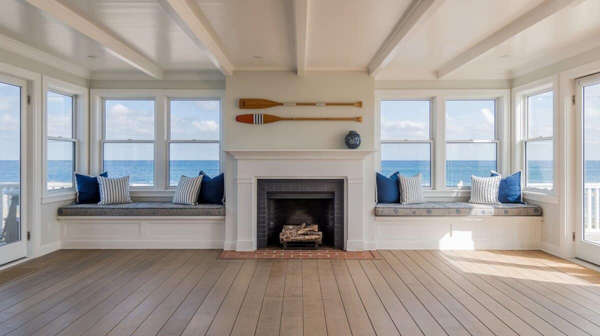 Coastal living room window seats flanking fireplace with ocean view