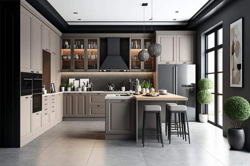 Contemporary kitchen with gray floors and beige cabinets