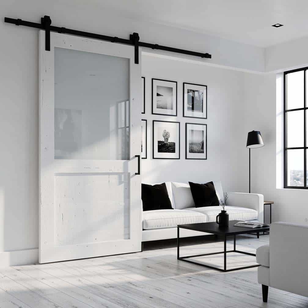 Contemporary white wood-framed glass sliding door with black metal hardware matching the window frames