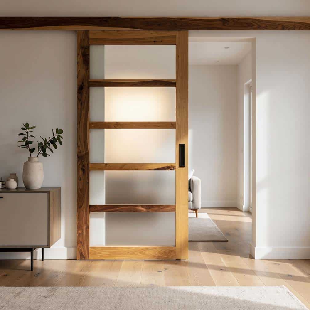 Contemporary wood-framed sliding panel with frosted glass insert for separation and privacy in a living space