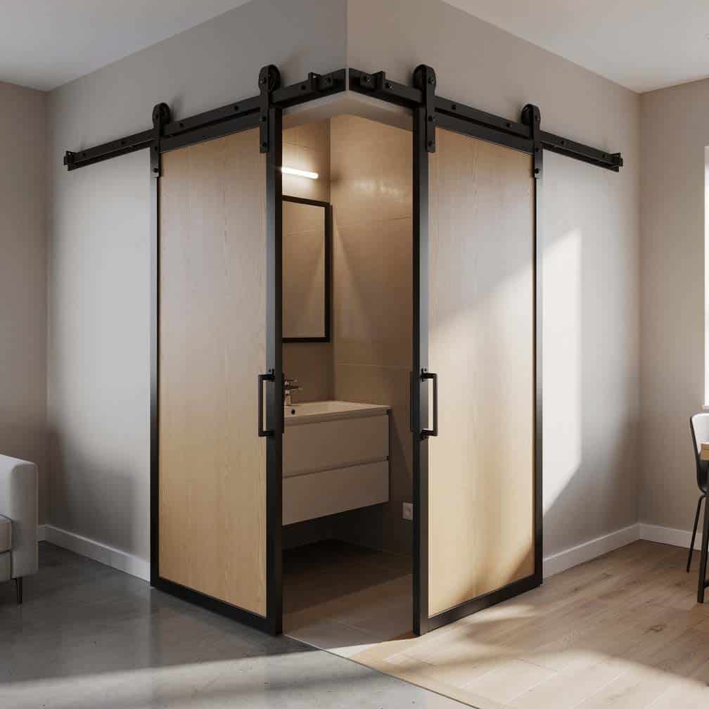 Corner sliding panel application using metal frames providing bathroom access from two sides in a compact living space