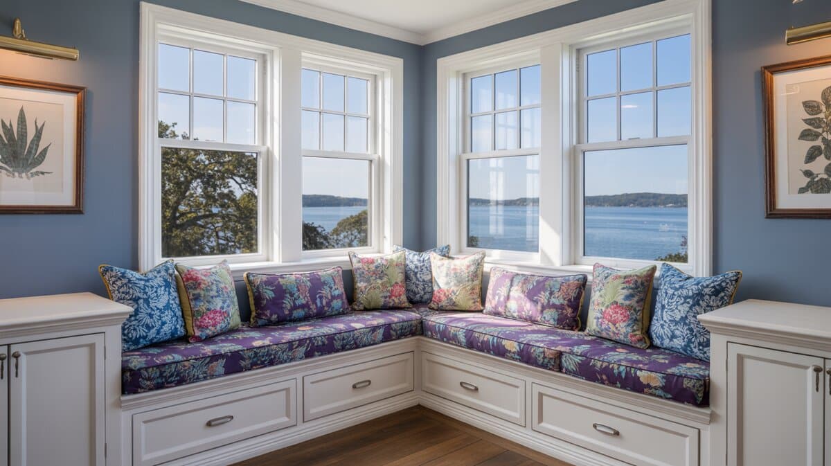 Corner window seat with purple floral cushion overlooking water and bay