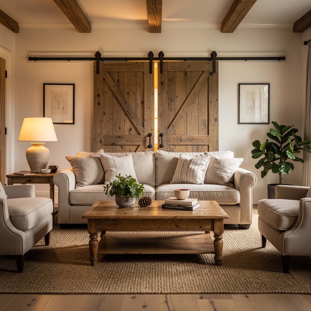 Cozy cottage living room with small double crossbuck sliding doors and a weathered wood finish