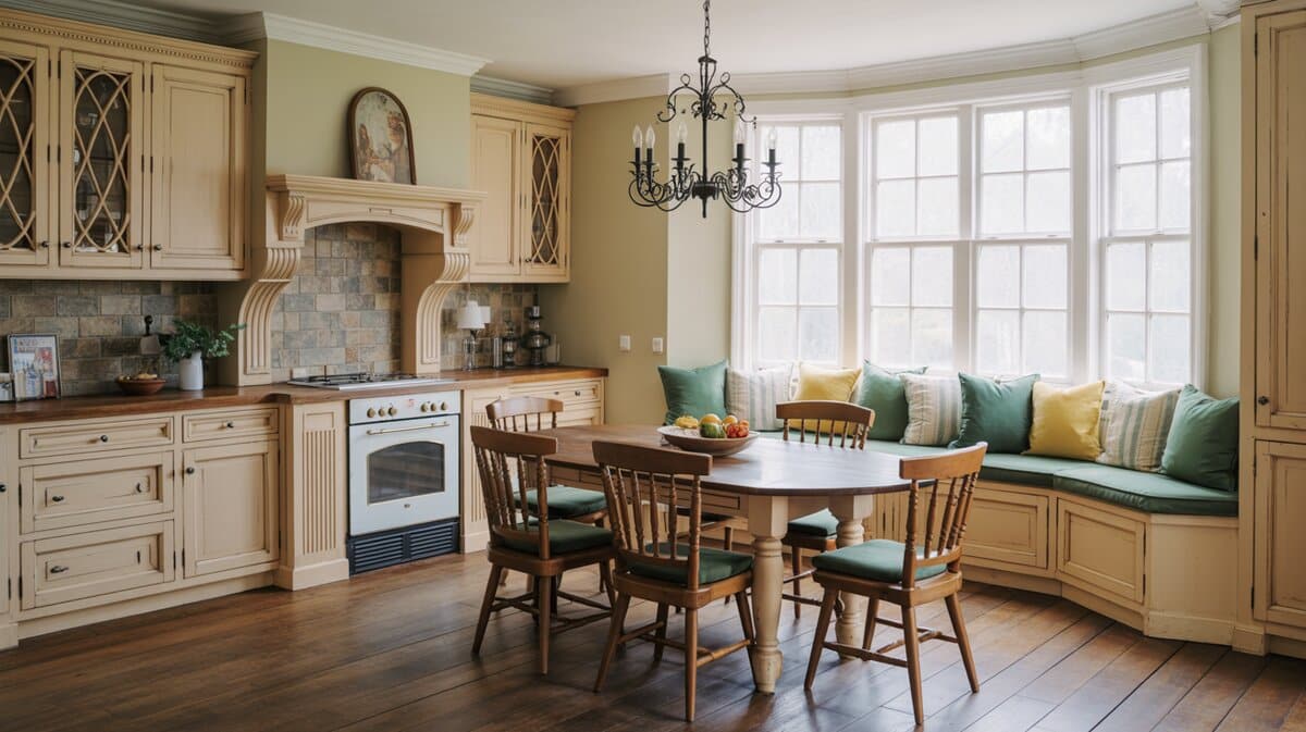 Country kitchen cream cabinets with window seat, teal cushions and oval table