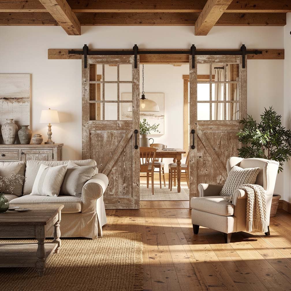 Country-style sitting room with an antique double sliding panel with glass windows opening to a dining area