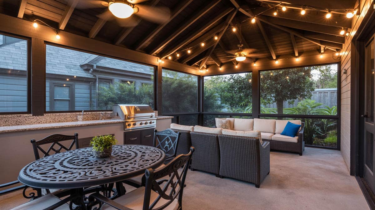 Screened porch with dark wood ceiling, Edison string lights, ornate cast iron dining set, and outdoor kitchen