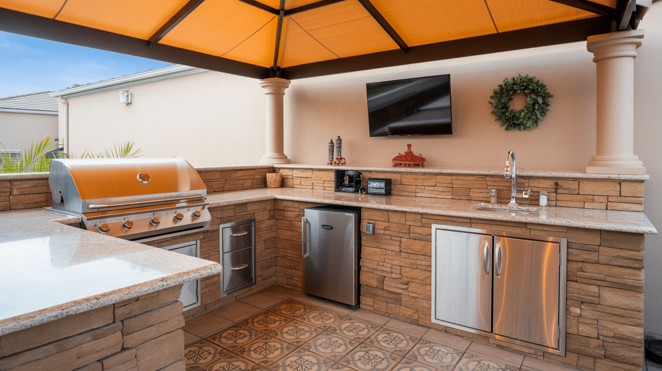 Covered patio outdoor kitchen with light granite counters and stacked stone walls