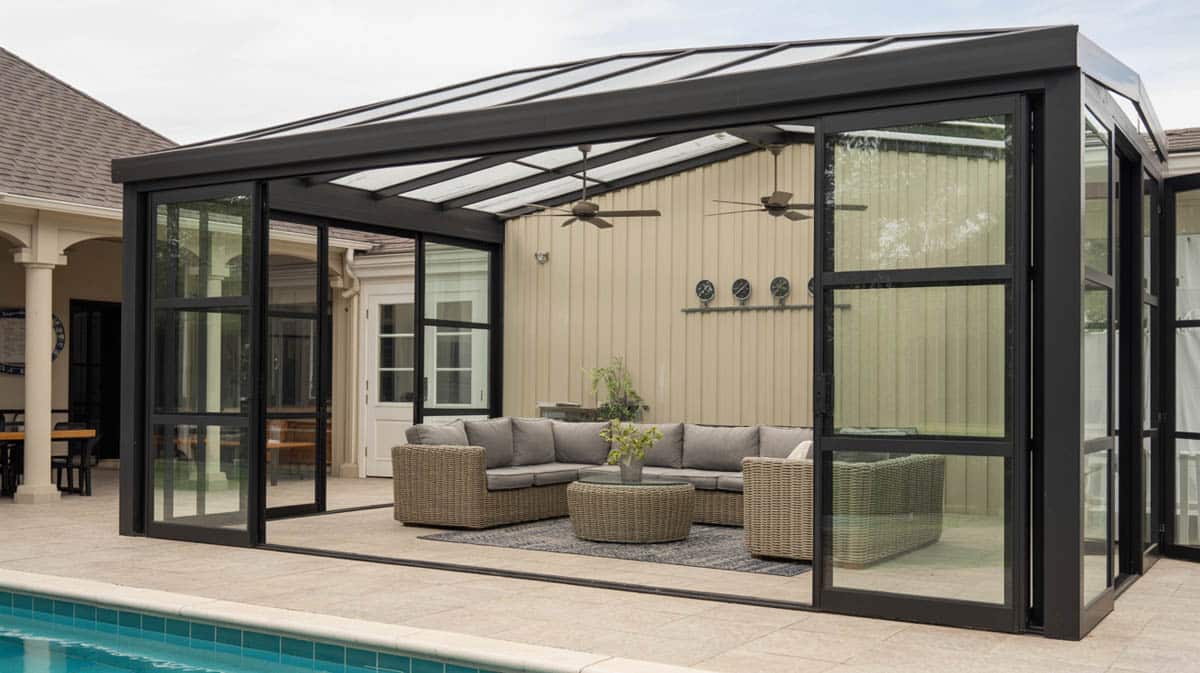 Dark gray aluminum glass pool enclosure with sliding panels and gray wicker sofa inside