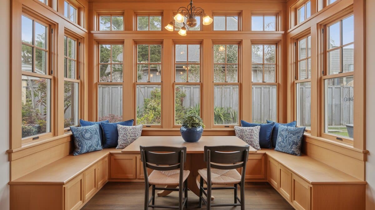 Craftsman breakfast nook wood bench with blue pillows and transom windows