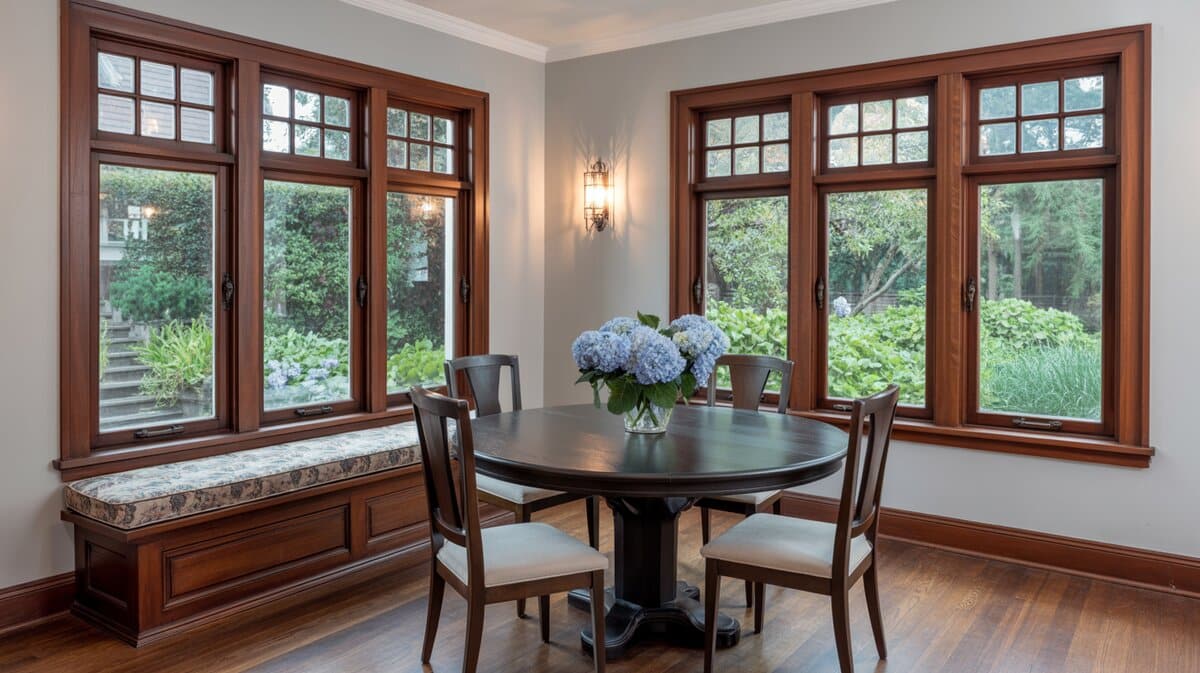 Craftsman dining room with mahogany window bench, round table and garden view