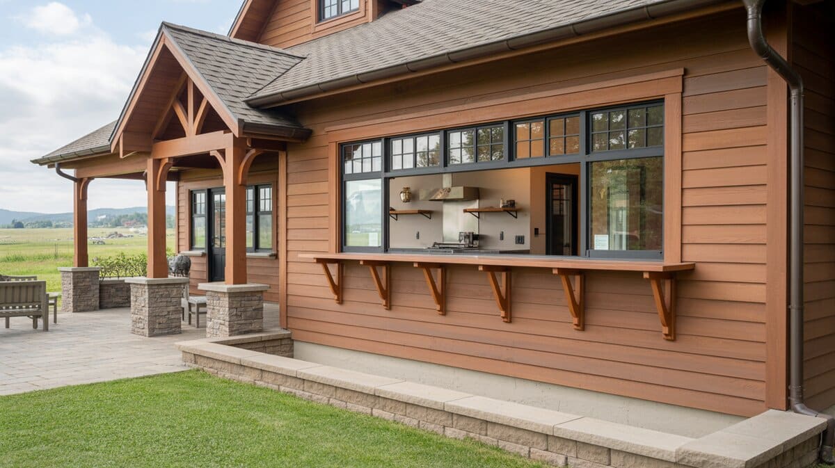 Craftsman home exterior with wide pass through window wood ledge and paver patio