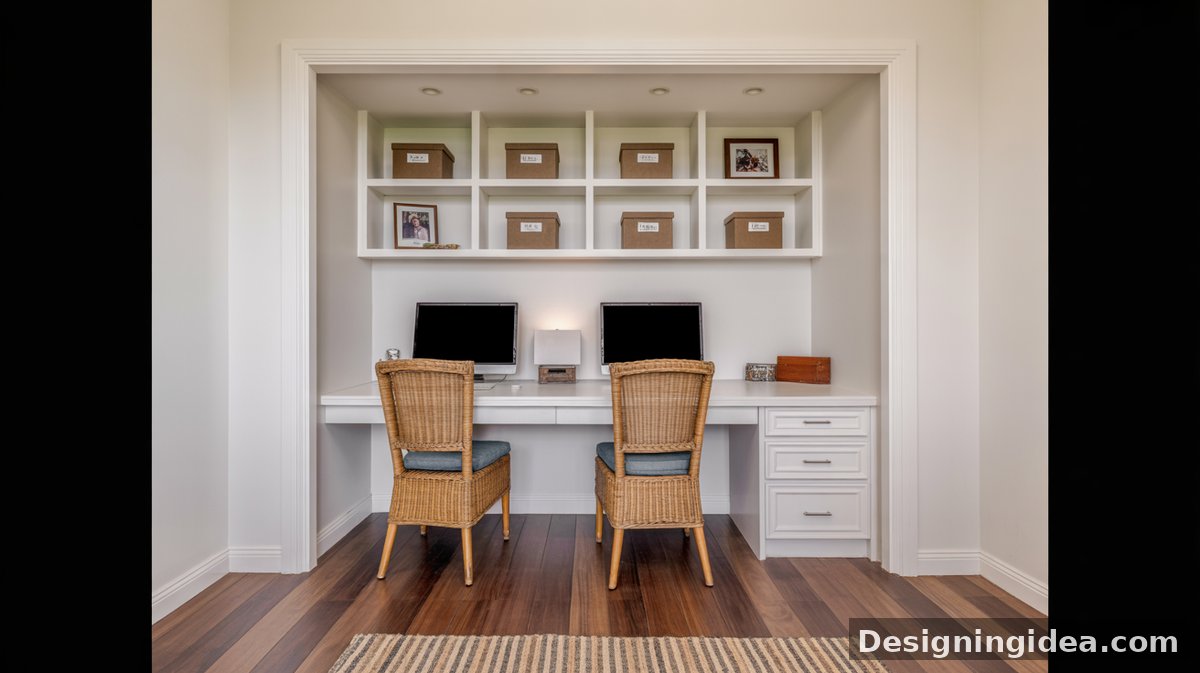 Cream flat-front peninsula desks with wood countertops face each other beneath wall-mounted open grid shelves on stone tile floors.