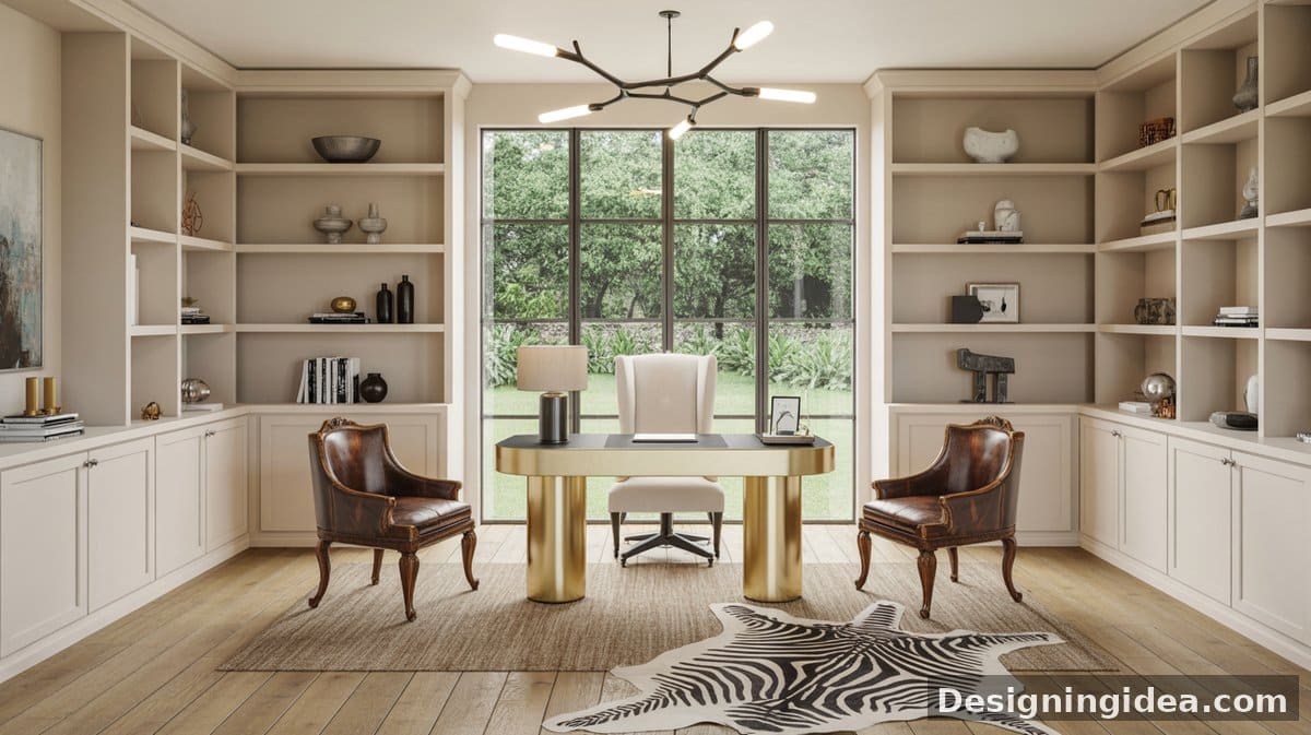 Paired cream shaker bookcases flank a gold-framed desk with a tufted ivory chair, dark ceiling beams, and plantation shutters.