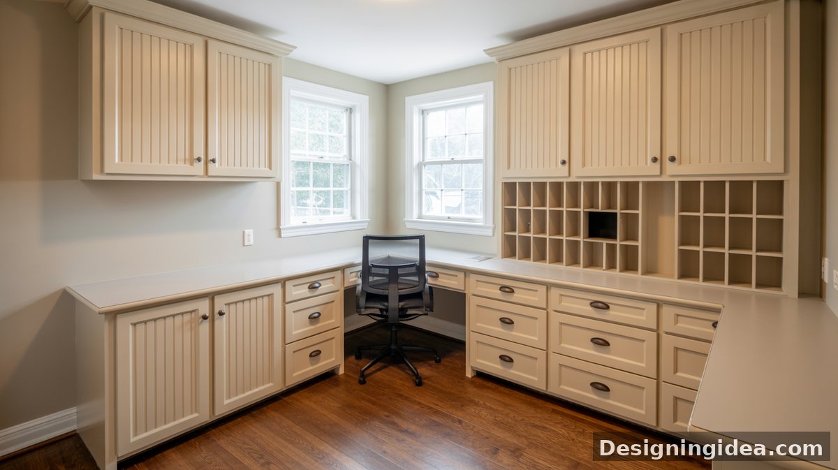 Cream built-in desk with shiplap wall and brass sconces features two modern side chairs and panoramic clerestory windows at dusk.