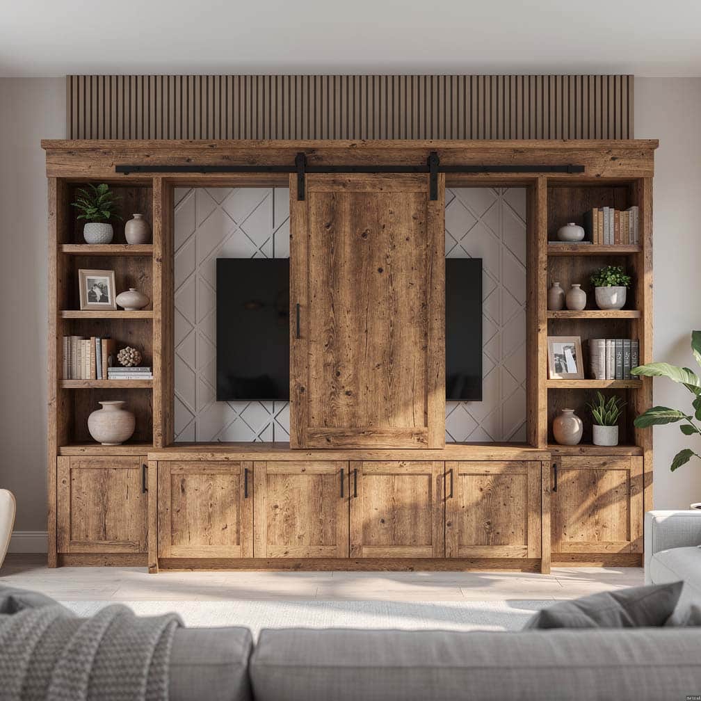 Custom built-in entertainment center with a sliding panel concealing the center TV area and open shelving on both sides