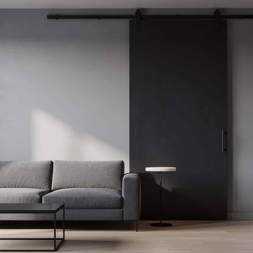 Dark charcoal gray sliding panel slightly deeper than the wall paint, adding a tonal accent to a contemporary living room