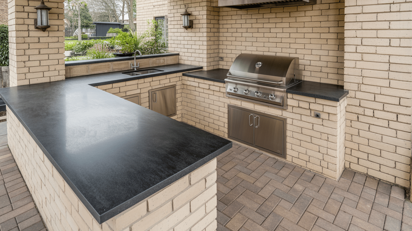Dark charcoal granite countertops on covered outdoor kitchen with cream brick walls