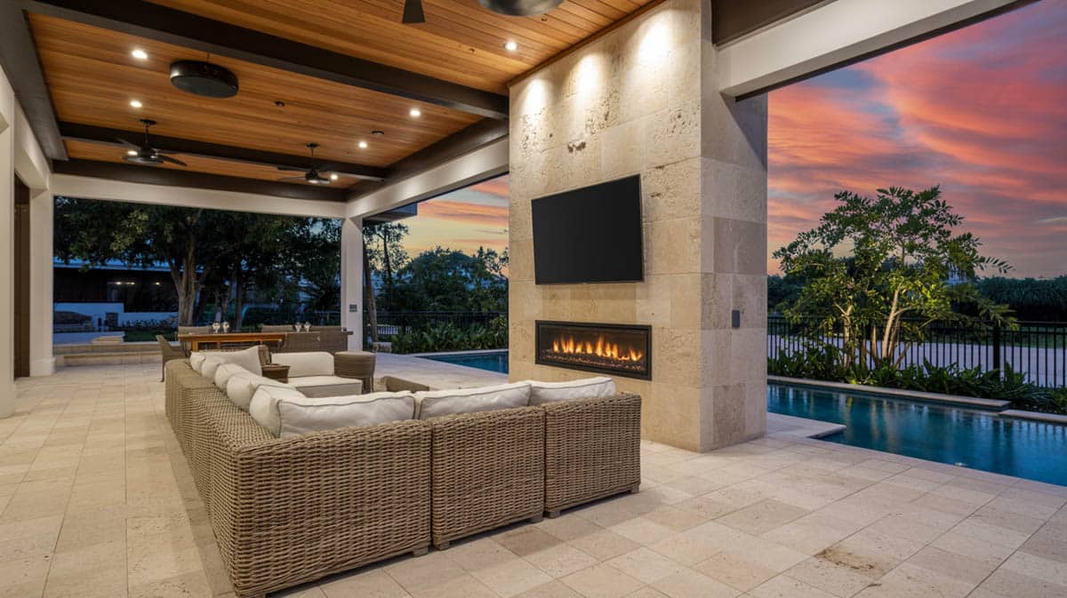 Luxury covered patio at dusk with wood plank ceiling, stone fireplace, wall TV, wicker sectional sofa, and pool
