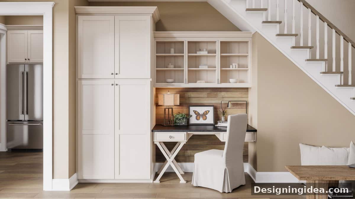 White shaker cabinets with open grid shelves and a reclaimed wood accent backsplash sit beside a staircase, with a trestle desk and slipcovered chair.