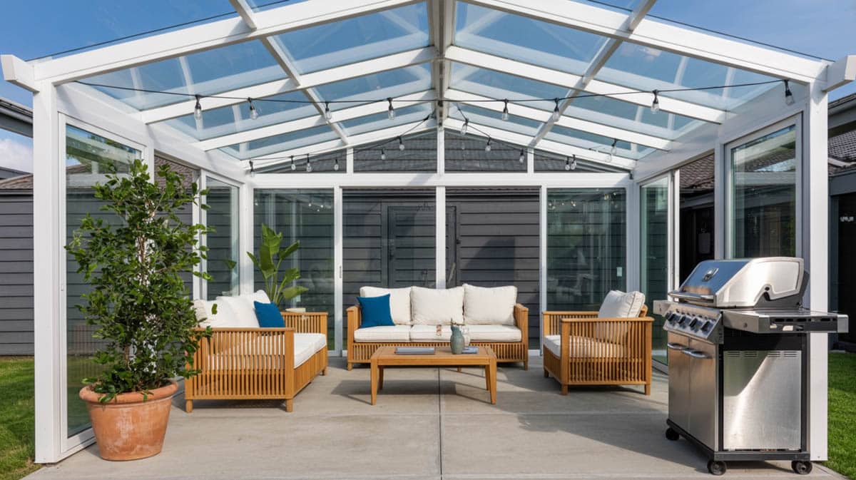 White frame glass patio enclosure with polycarbonate roof, teak wood furniture, white cushions, and gas grill