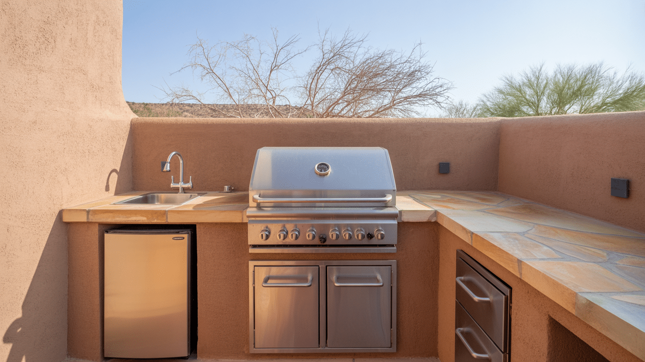 Desert themed kitchen with flagstone countertop and large built-in stainless grill