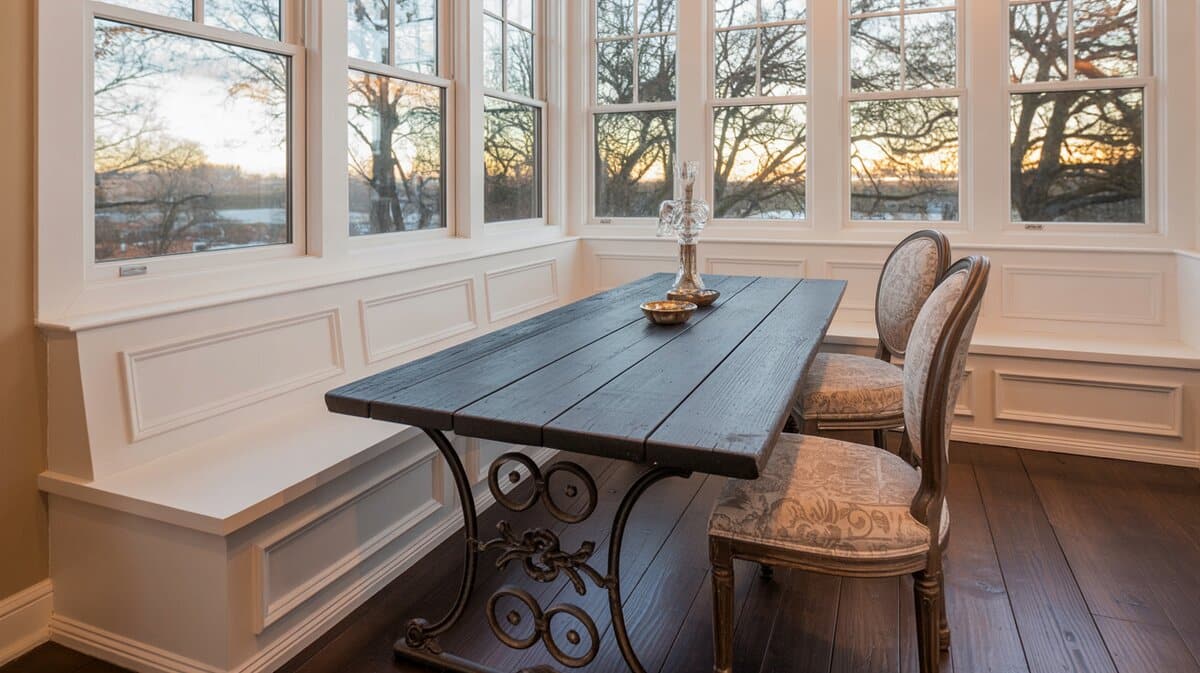 Dining nook with white bench, rustic table and ornate chairs at golden sunset