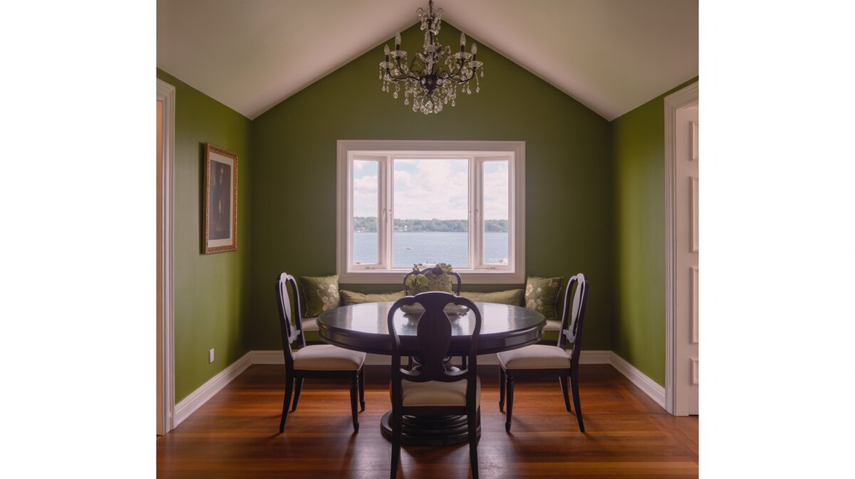 Dining room window banquette with green wall, chandelier and water view